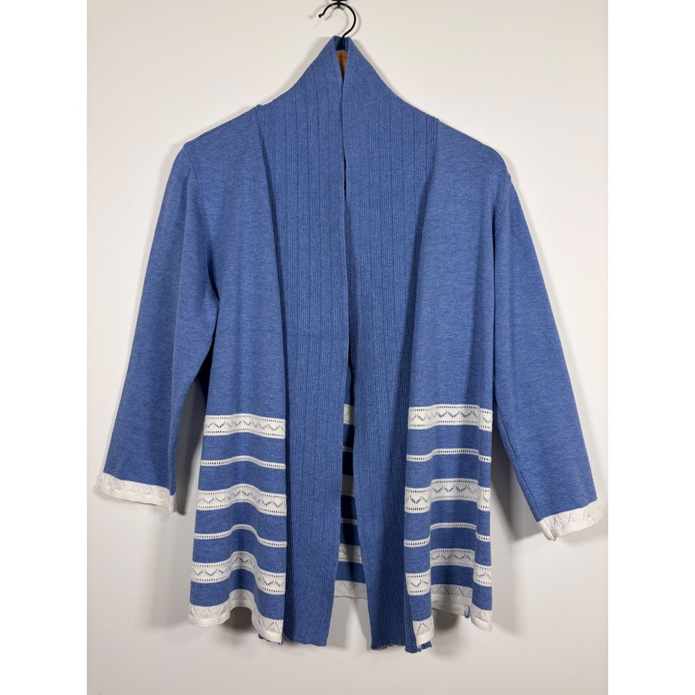 Christopher & Banks Blue Striped Pointelle Open Front Cardigan Size L